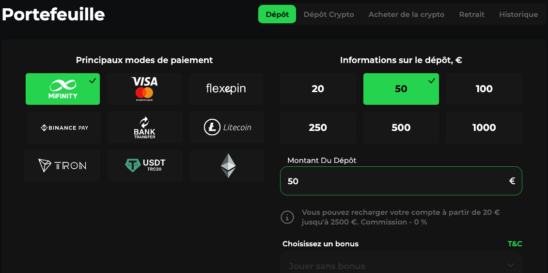 Modes de dépôt dans Betify sh 5